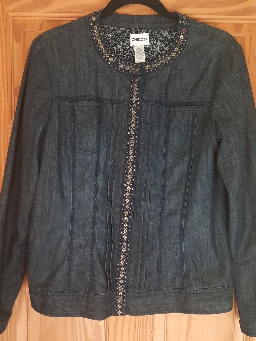 Chico's Beaded Trim Dark Denim Jacket